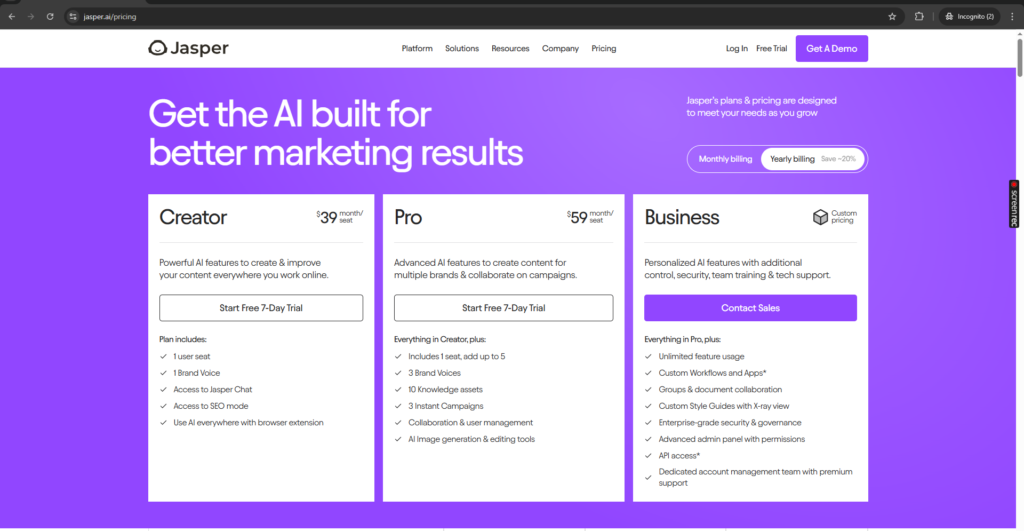 AI Marketing Tools-jasper-pricing